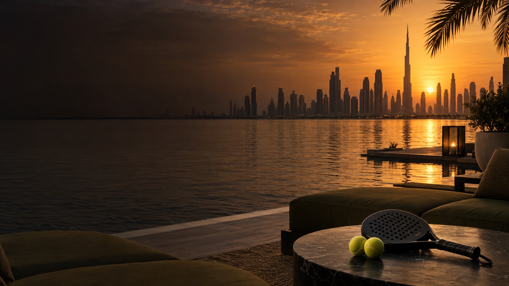 Padelütő és Dubai naplementés látképe – hangulatillusztráció