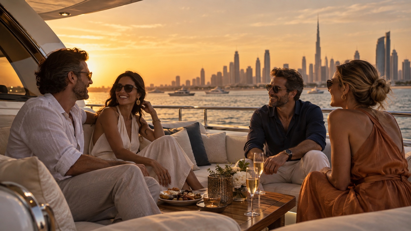 Társaság egy jachton Dubai látképével – hangulatillusztráció